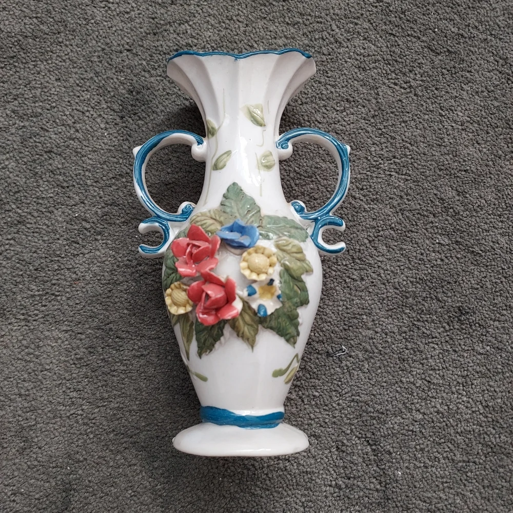 Victorian Style Floral Ceramic Vase with Blue Accents Grandmacore Cottagecore
